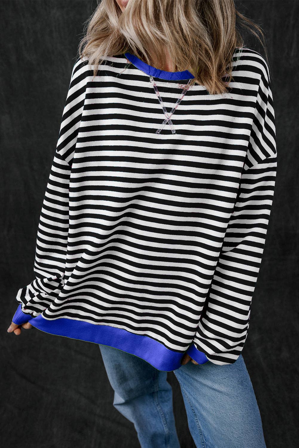 Amaryllis Apparel - Wholesale Sweatshirt - Women's - Stripe Oversized Contrast Trim Pullover Sweatshirt6