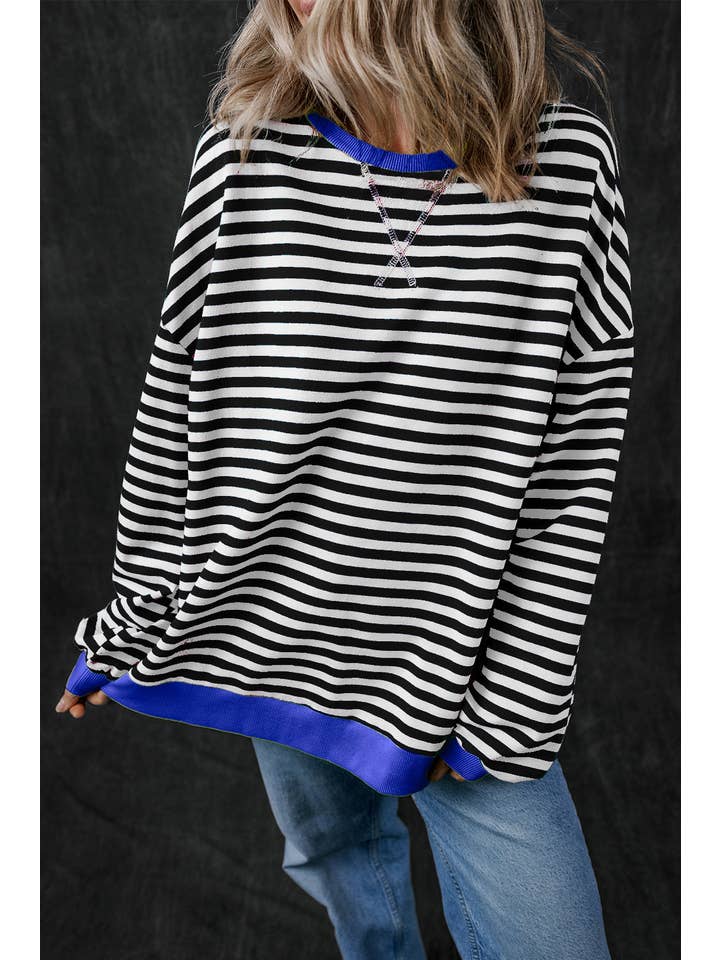 Amaryllis Apparel - Wholesale Sweatshirt - Women's - Stripe Oversized Contrast Trim Pullover Sweatshirt6