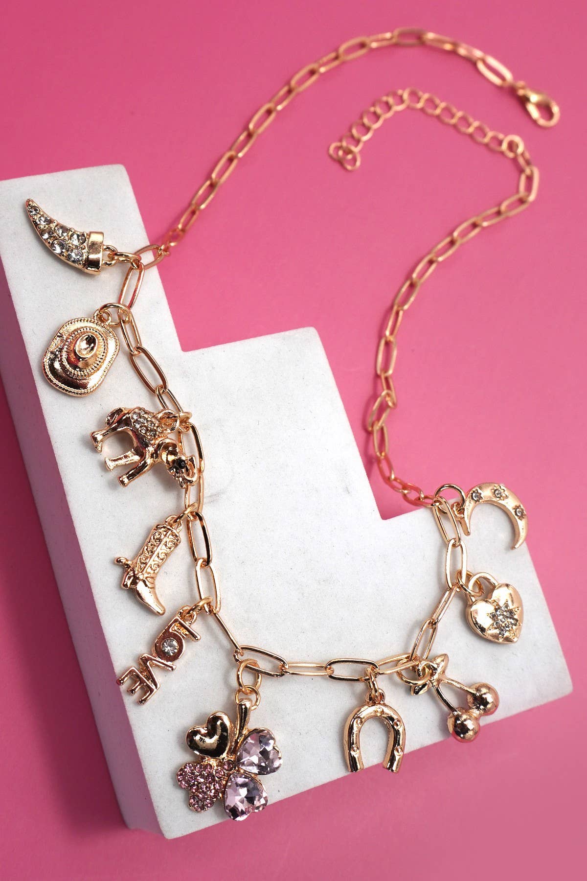 GOLD CHARM NECKLACE-WESTERN BOOTS HAT HORSESHOE HEART | 80N92178 for wholesale on Faire2