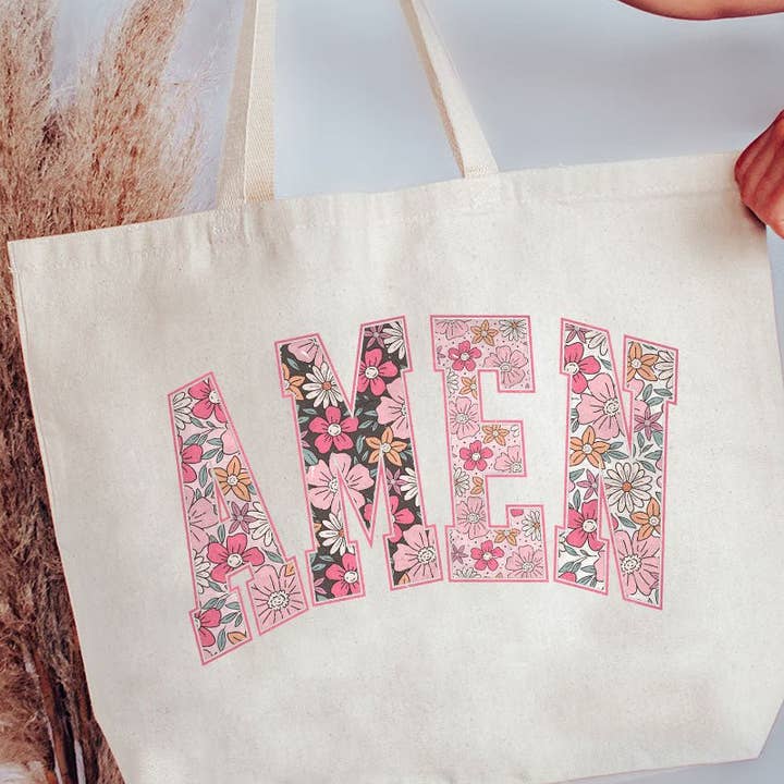 Floral Faux Embroidery Amen Canvas Jumbo Tote and other Purchase Wholesale foldable backpack. Free Returns & Net 60 Terms on Faire trending on Faire.