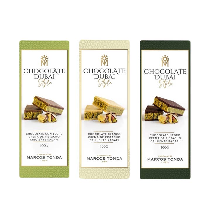 Opdag luksusen ved Dubai-chokolade: hvid, mælke- og mørk. for engroshandel hos Chocolates Marcos Tonda