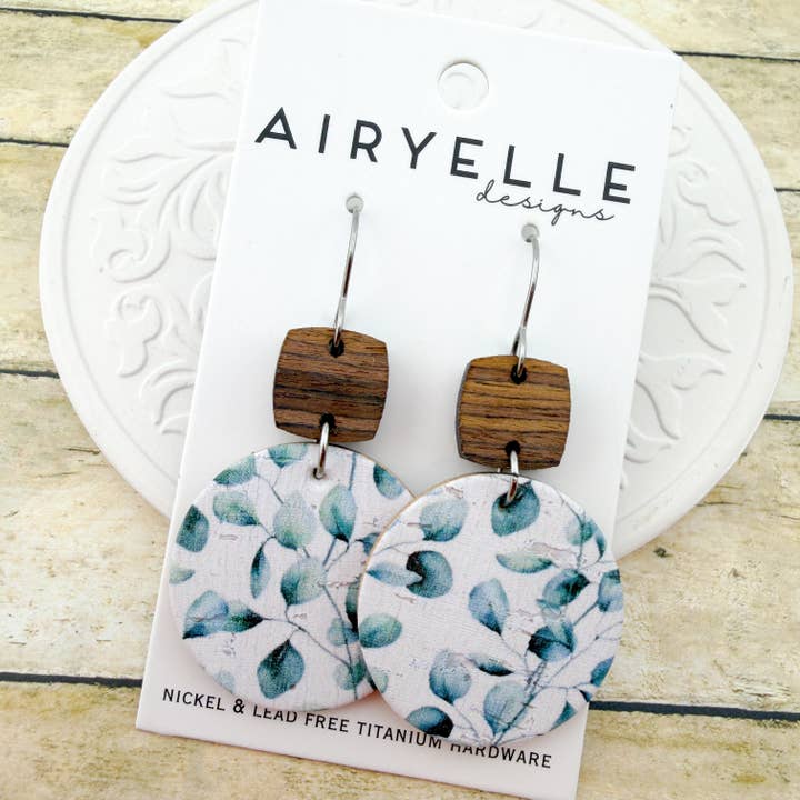 Soft Sage Eucalyptus Cork + Leather Round Earrings - Titanium for Sensitive Ears for wholesale by Airyelle Designs