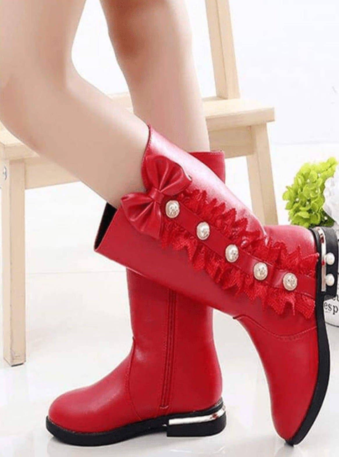 Rød Lacey Rød Sløjfe Prinsesse Støvler i Mellemlængde Af Liv og Mia for engroshandel på Faire1