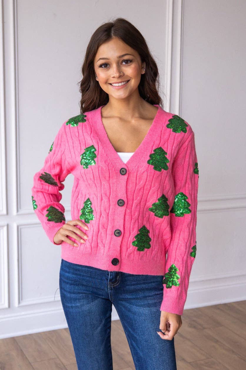 Pink Sequin Trees Cardigan for wholesale on Faire4