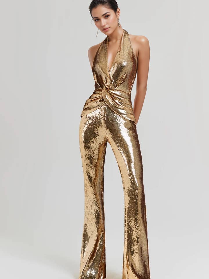 JP018 Gold Sequin Halter Neck Pleated Waist Jumpsuit and other Purchase Wholesale bell bottom jumpsuit. Free Returns & Net 60 Terms on Faire trending on Faire.