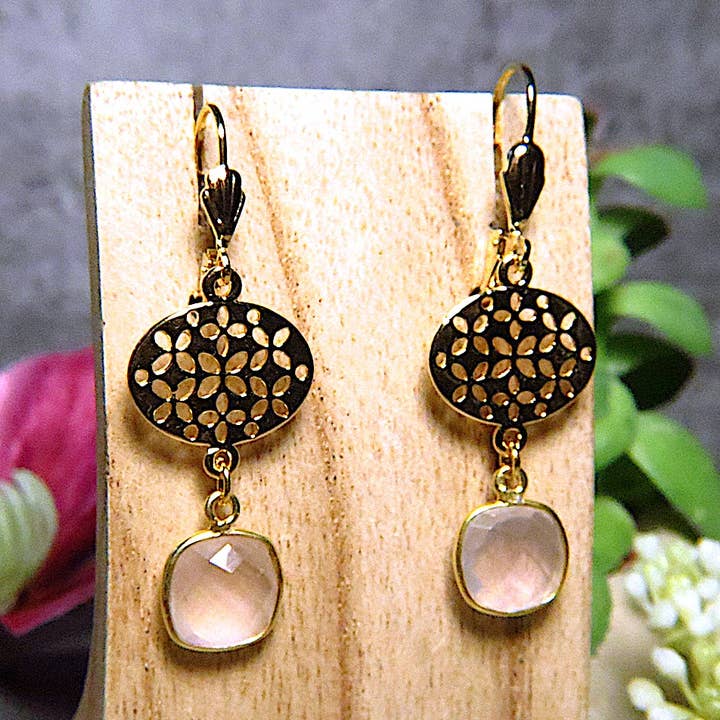 Brincos de ouro fino dourado de quartzo rosa por atacado de TOURMALYN