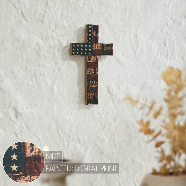 VHC Brands - Wholesale Sign - American Flag On Distressed Cross MDF Wall Sign 10x6