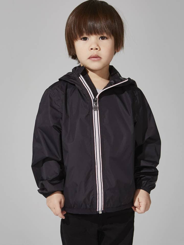 Kids Black Full Zip Packable Rain Jacket and Windbreaker for wholesale by O8 Lifestyle