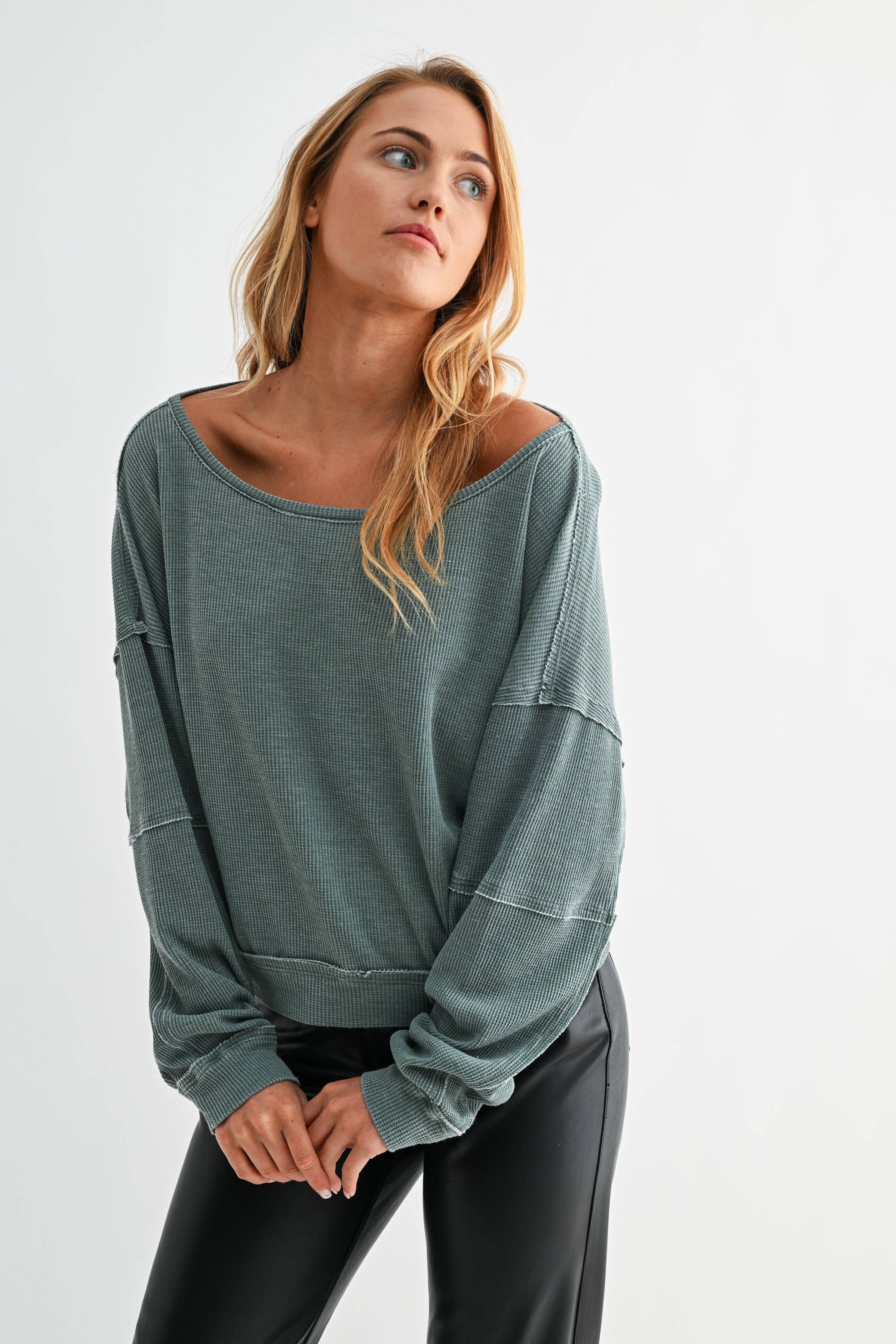 Mono B - Wholesale Sweatshirt - Women's - Raw Edge Waffle Knit Boatneck Pullover12