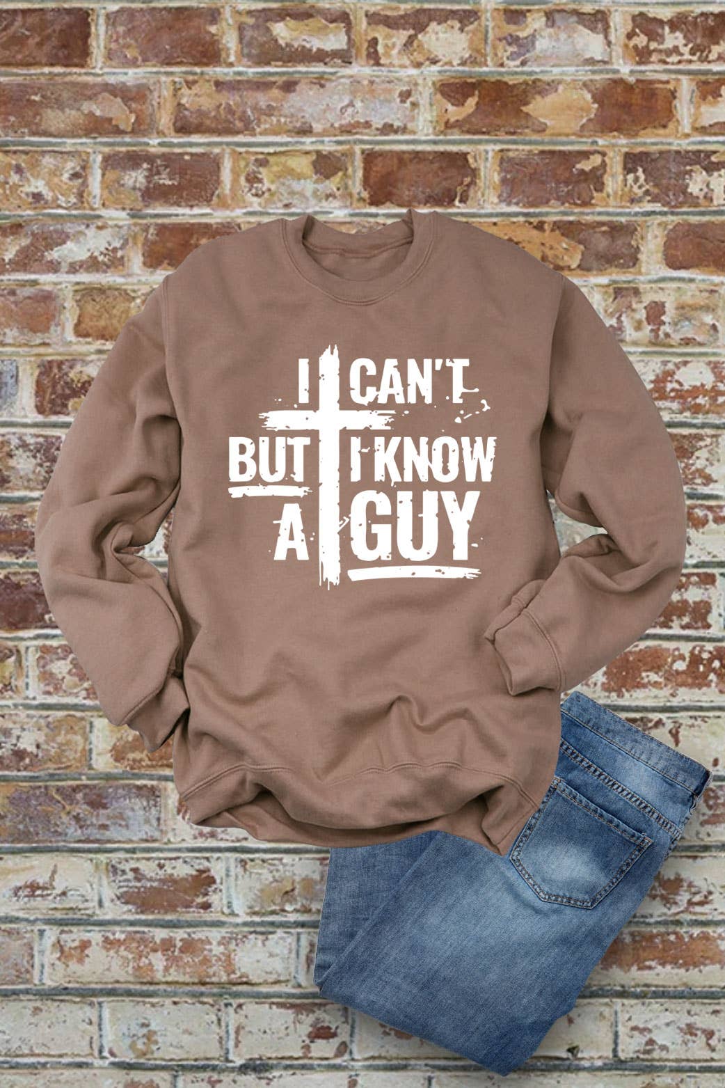 Top Avenue - Wholesale Graphic Sweatshirt - Women's - I Cant But I Know A Guy Distressed Cross, Unisex Crewneck Sweatshirt4