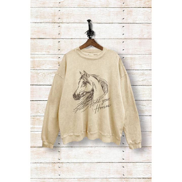 SWD385-P7292 HORSES GRAPHIC MINERAL WASHED SWEATSHIRT for wholesale by VINTAGE POINT USA