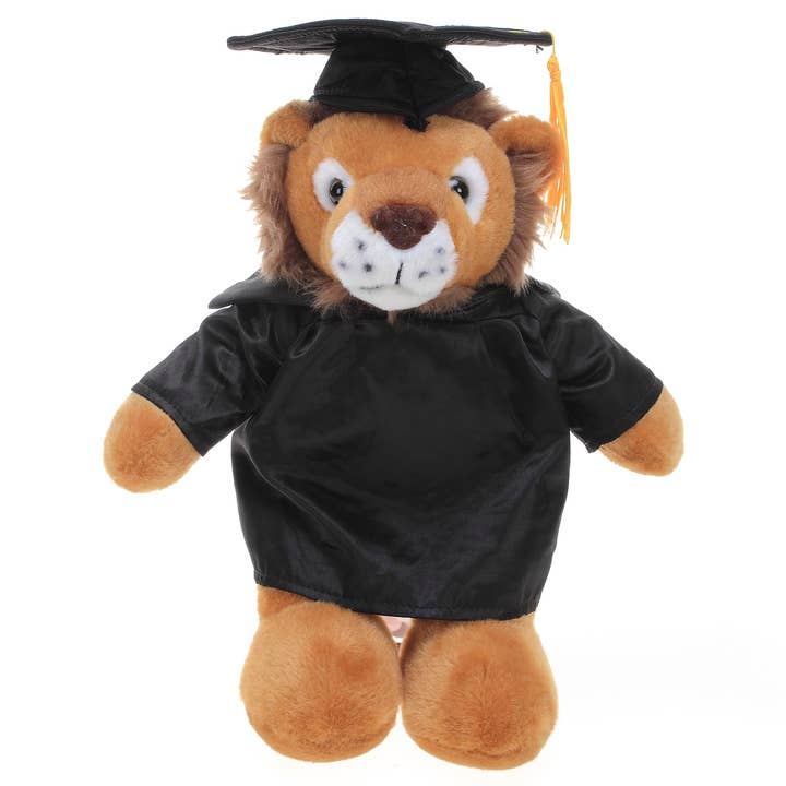 11" Personalized Graduation Lion Plush in Custom Cap & Gown for wholesale by Plushland