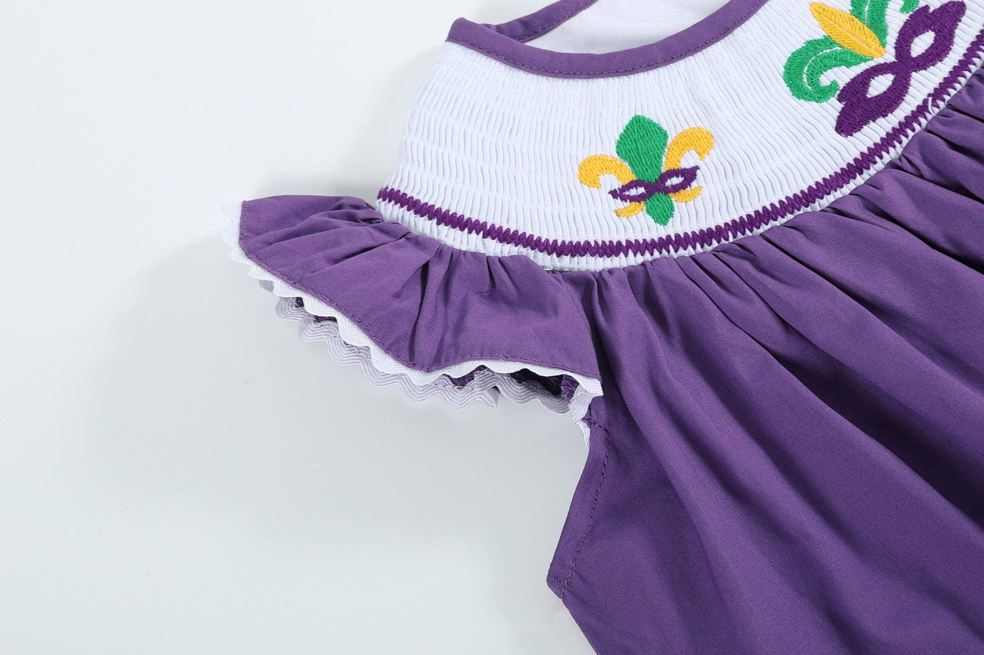 Lil Cactus - Wholesale Dress - Kids - Purple and Gingham Mardi Gras Smocked Bishop Dress3