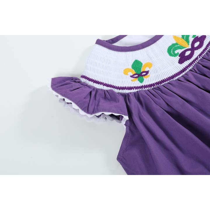 Lil Cactus - Wholesale Dress - Kids - Purple and Gingham Mardi Gras Smocked Bishop Dress3