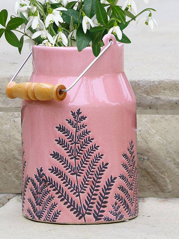 Fern Leaf Embossed Pink Milk Churn Flower Vase for wholesale by Dibor