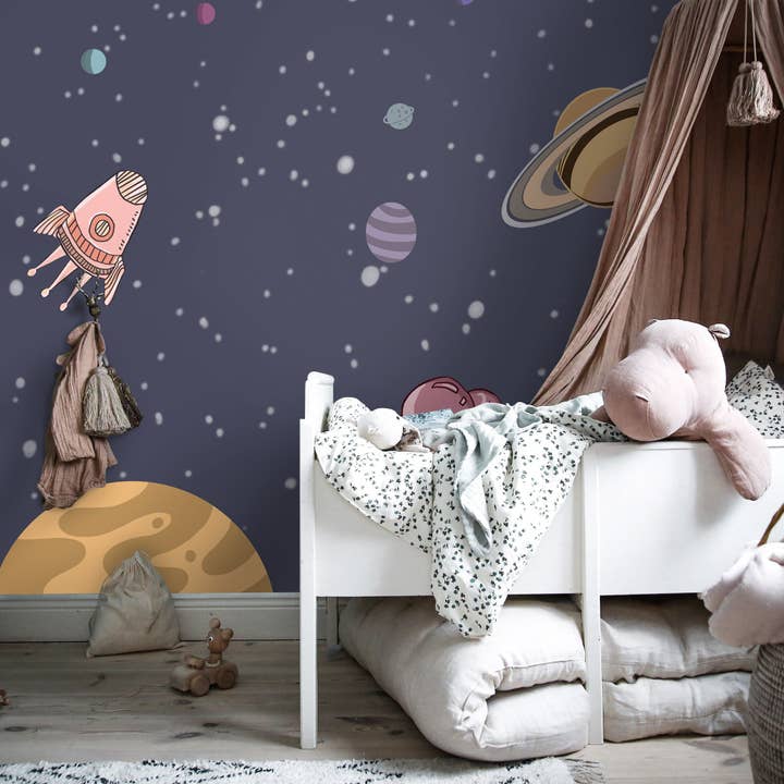 Rocket in space children's bedroom wallpaper for wholesale by Les Panoramiques