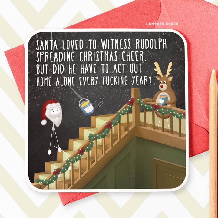 Home Alone Lustige Weihnachtsgrußkarte mit Weihnachtsgedicht von Santa Rudolph für den Großhandel von Lanther Black
