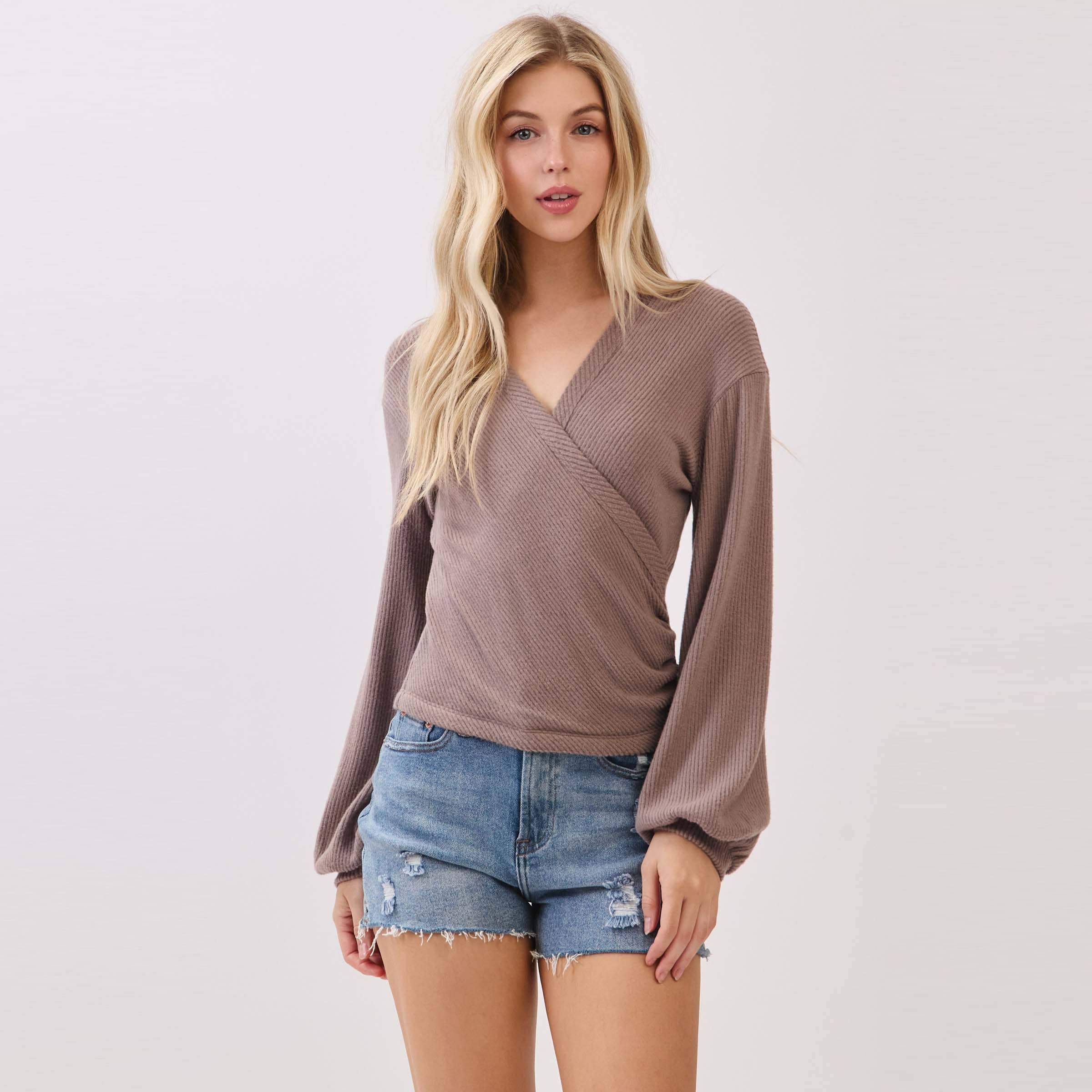 Final Touch - Wholesale Knit Top - Women's - Brush Ribbed Surplice Long Sleeve Top - NT315410
