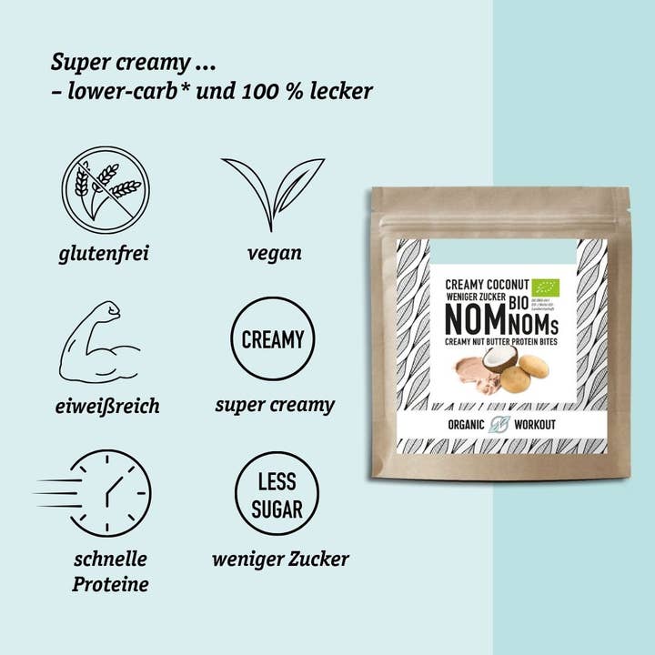 Organic Workout - Wholesale Snack bar - Creamy Coconut NomNoms (Protein Bites) – organic, vegan with organic erythritol and organic pea protein2