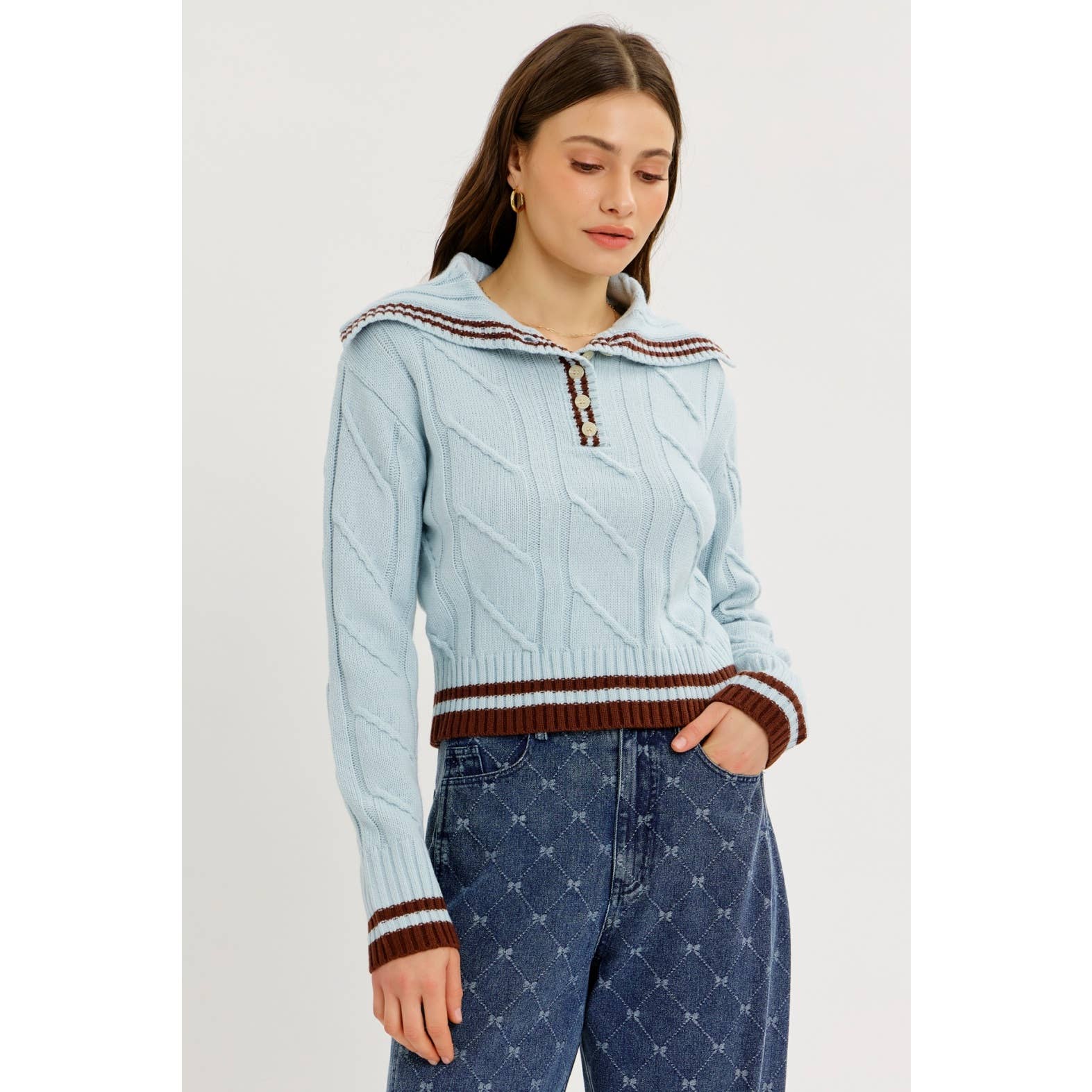 idem ditto - Wholesale Knit Sweater - Women's - PREPPY NOSTALGIA STRIPED COLLAR CABLE KNIT SWEATER5