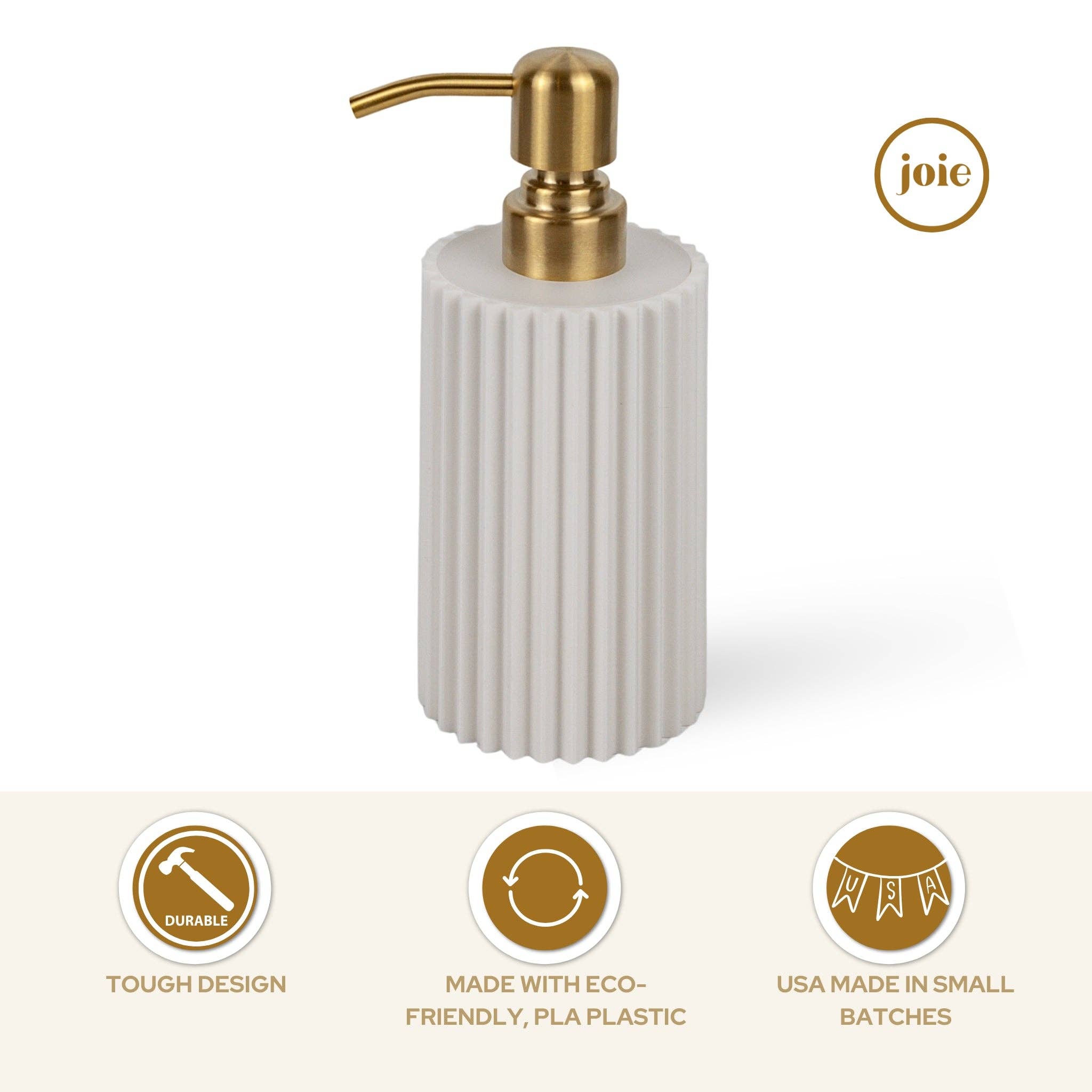Joie Designs Co. | Refillable Bottles - Wholesale Soap Dispenser - Modern Ribbed Soap Dispenser – 10oz Vanilla White, Gold Pump5