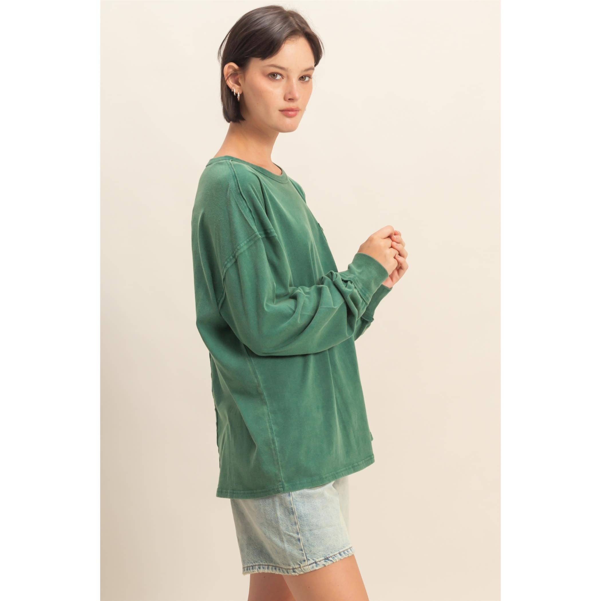 HYFVE - Vente Chemise – femme - T-shirt surdimensionné à manches longues et poches délavées4