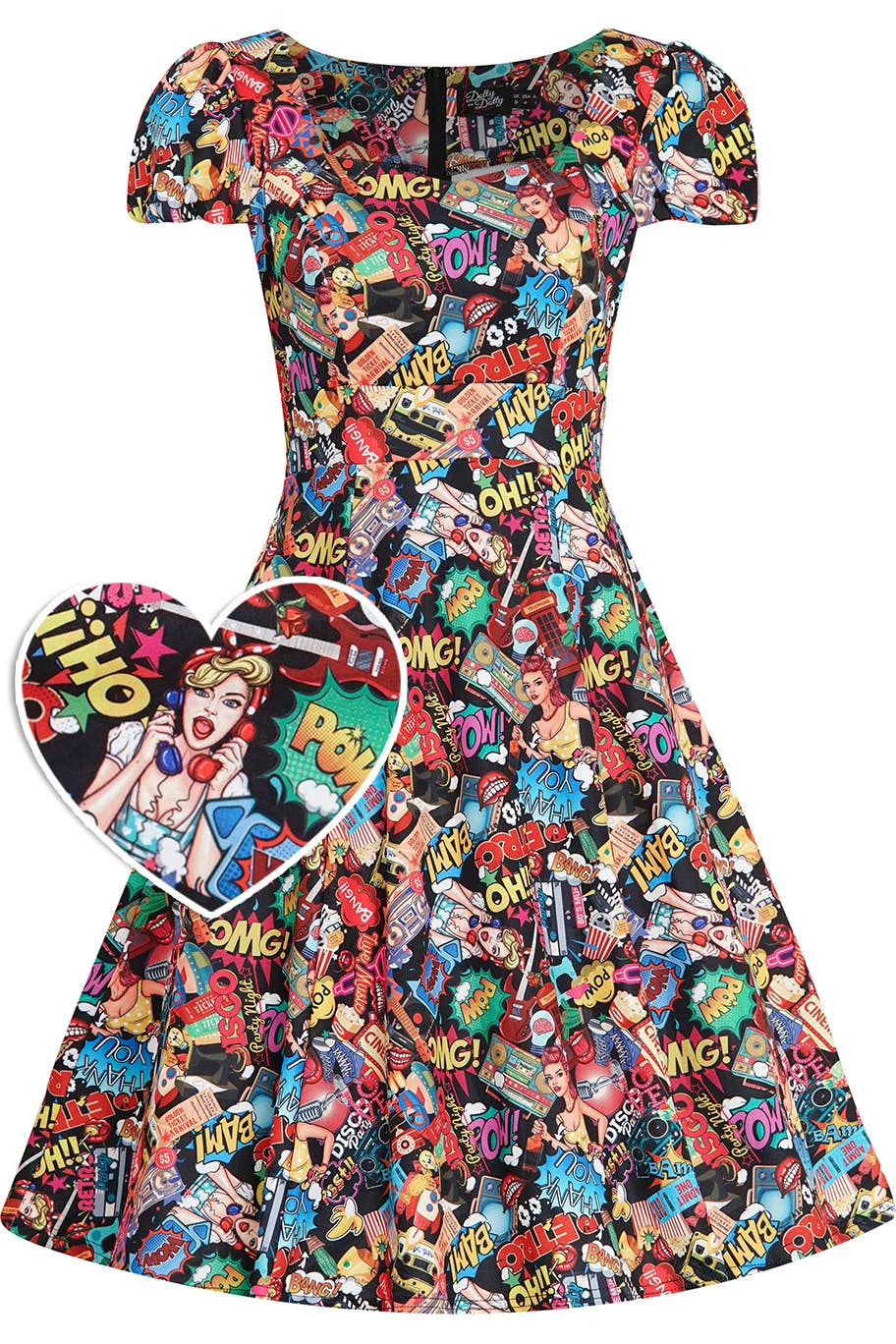 Dolly & Dotty – Engroshandel Kjole - Dame – Claudia Flirty Fifties Style Kjole I Tegneserie Print2