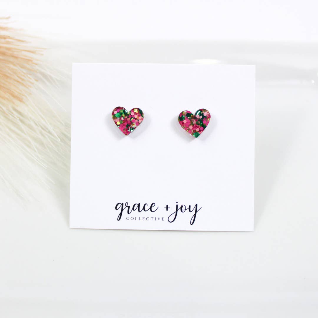 Grace + Joy Collective – wholesale Stud/post earrings – Wicked Good witch Heart Stud Earring, pink and green earring