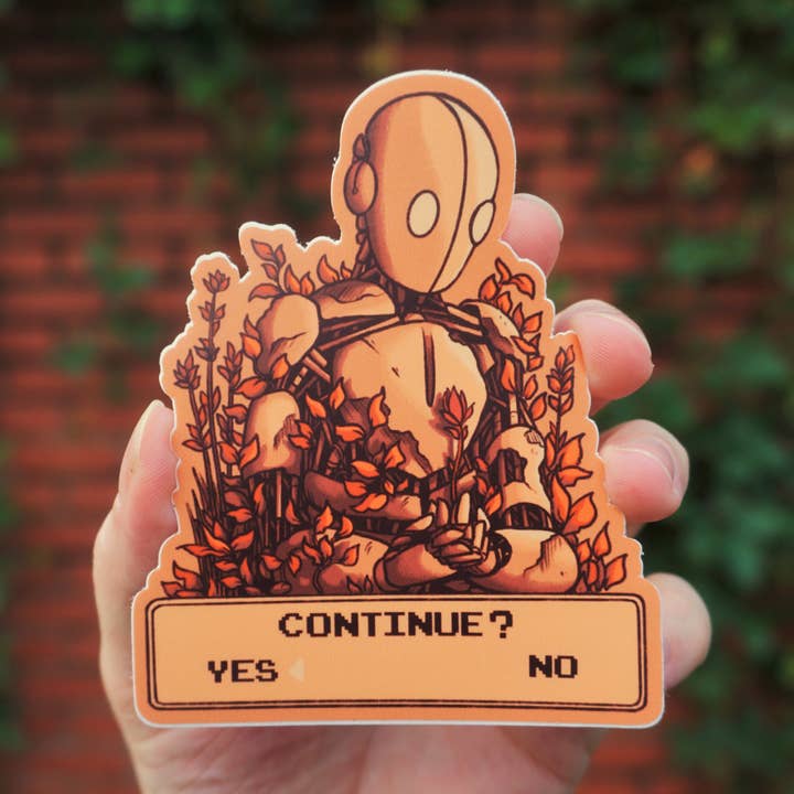 Fortfahren? - Inspirierender Roboter-Aufkleber für den Großhandel von Eyes On Fire Art