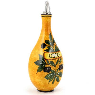 Artistica - Deruta of Italy - Wholesale Oil/Vinegar Dispenser - BUCCIATO OLIVO UVA: Olive Oil Flatten Bottle with OLIO script1