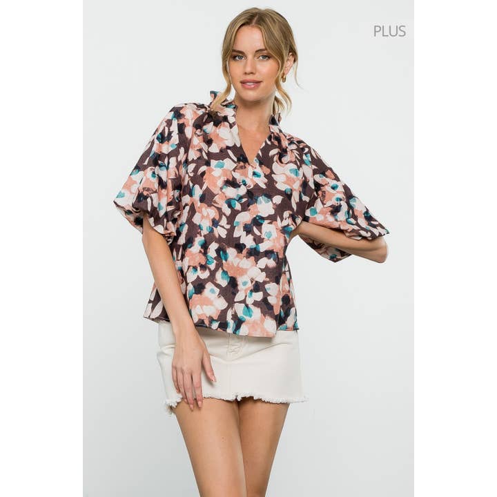 /Size XL/ Brown Puff Sleeve Blouse with Abstract Floral Prin for wholesale by THML
