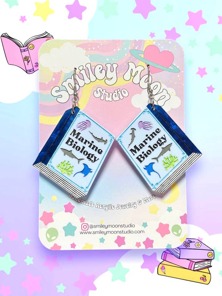 Marine Biology Book Earrings for wholesale by Smiley Moon Studio