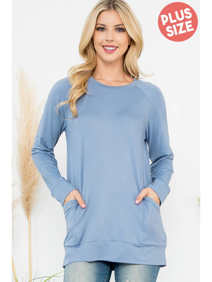 You & Me - Wholesale Tunic - Women's - YMT20003XV-PLUS SIZE SOLID LONG SLEEVE FRONT POCKET TOP30