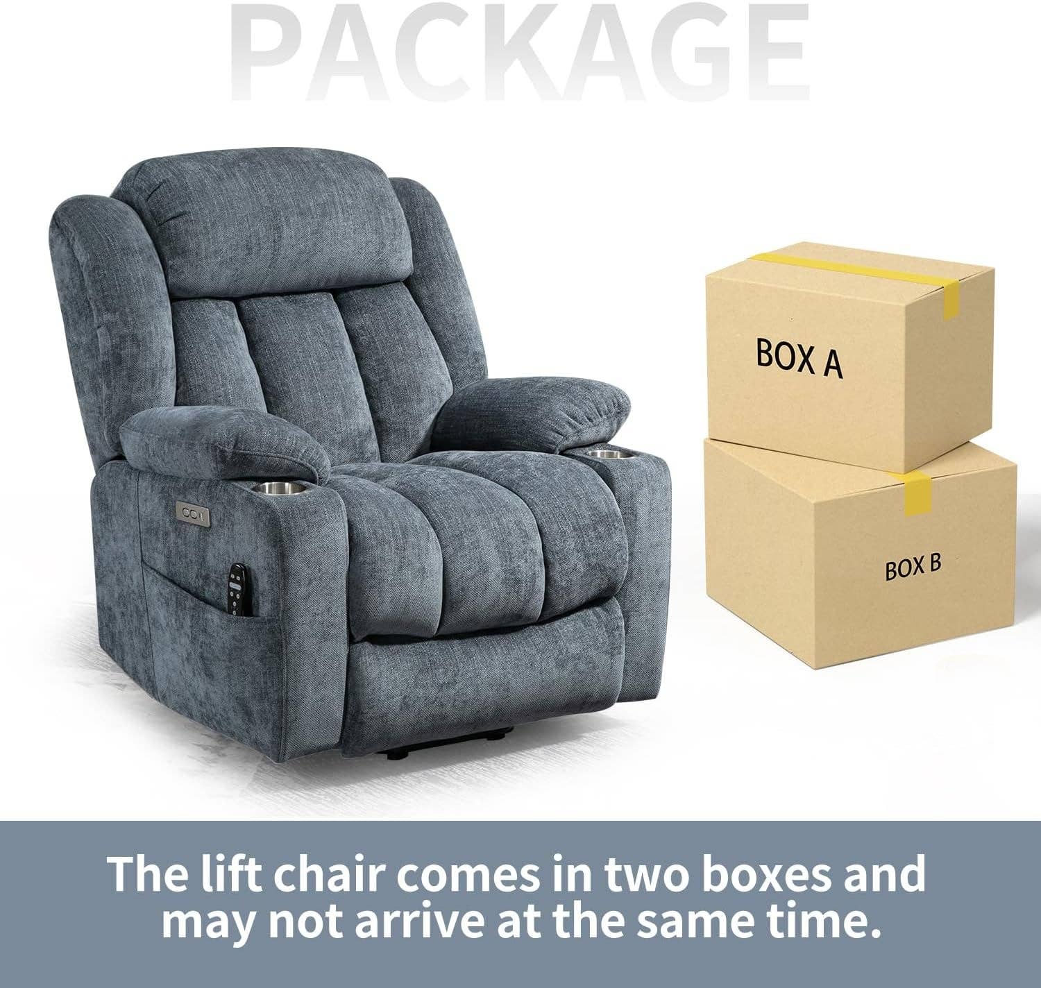 Power Lift Recliner Chair With Full Body Massage And Heat In Elegant Blue Chenille Fabric for wholesale on Faire9