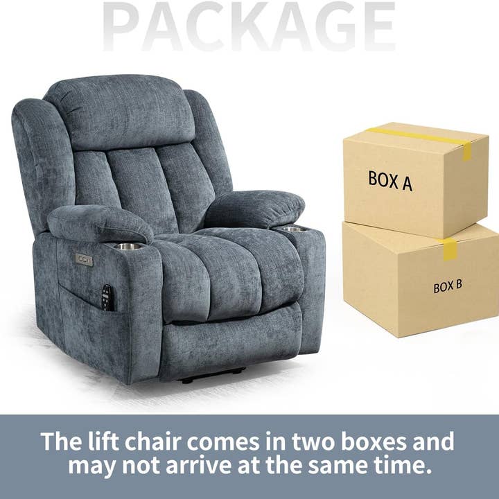 Power Lift Recliner Chair With Full Body Massage And Heat In Elegant Blue Chenille Fabric for wholesale on Faire9