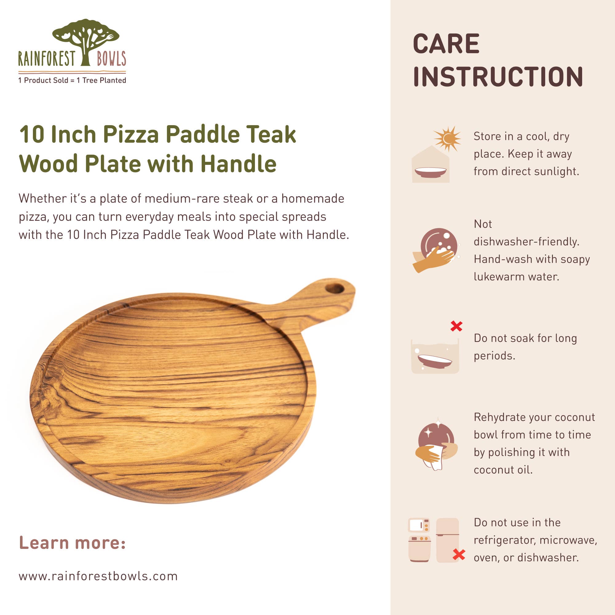 Rainforest Bowls - Wholesale Pizza Board - 10 Inch Teak Wood Pizza Board with Handle & Rim9