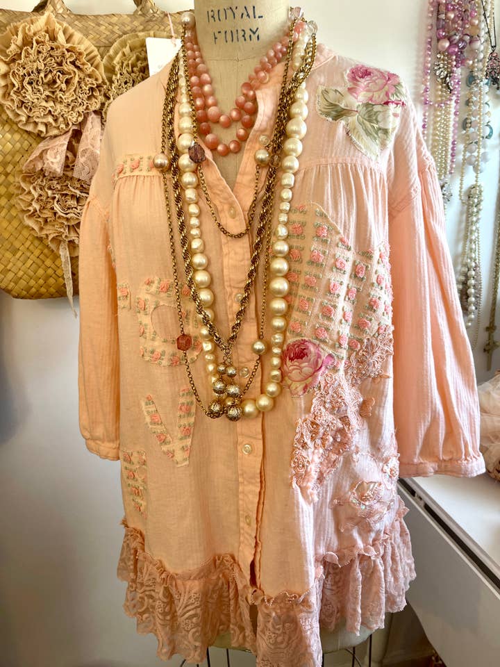 Peasant Blouse, Tunic Top, One of a kind, Shabby Applique for wholesale by Farm Charm Couture