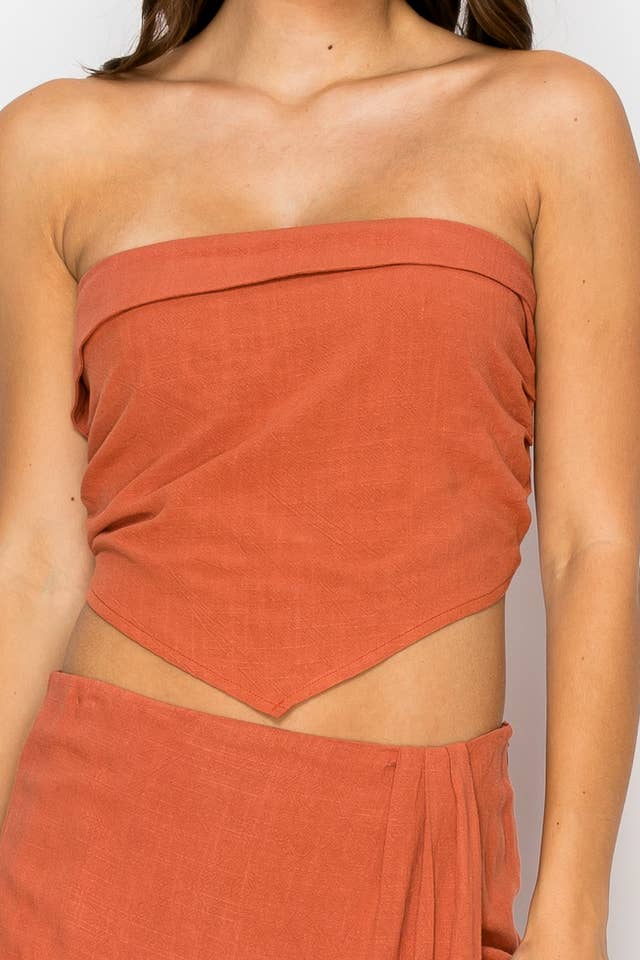 RUST TT6721 LINEN BLEND FOLDED TUBE TOP WITH BACK SMOCKING for wholesale on Faire1