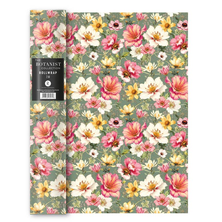 Papier Cadeau 3 mètres Fleurs Vert Rose Éco Éco pour la vente par Penny Kennedy Ltd