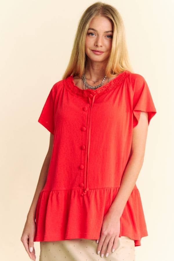 Davi & Dani - Vendita all'ingrosso Maglietta - Donna - TOP PEPLO A MANICHE CORTE CON SCOLLO IN PIZZO TINTA UNITA13