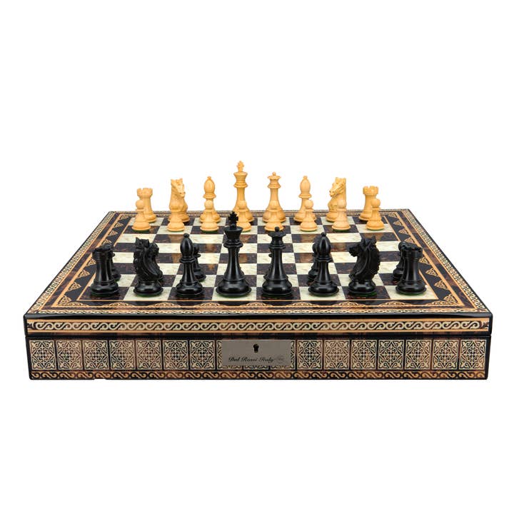 Ebony/Boxwood 95mm Weighted Chess Set with Mosaic Box for wholesale by Dal Rossi Italy