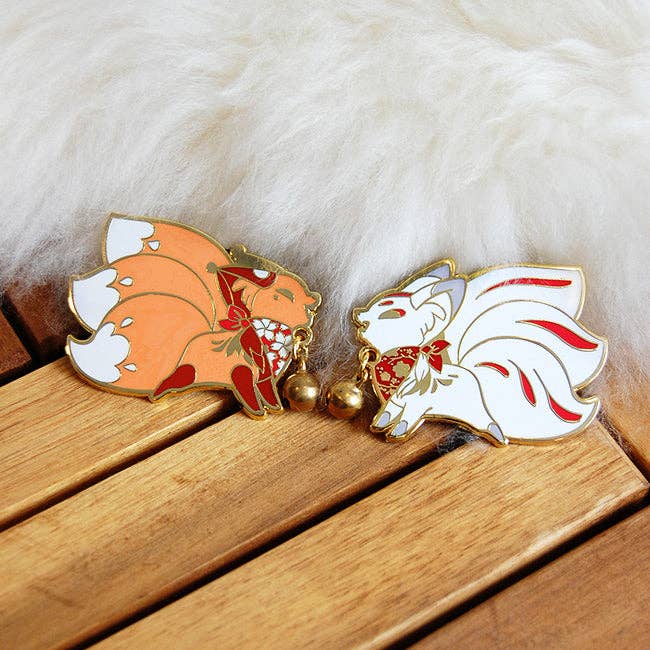 Jingle Fox Kitsune Enamel Pins for wholesale by Floral Frolic