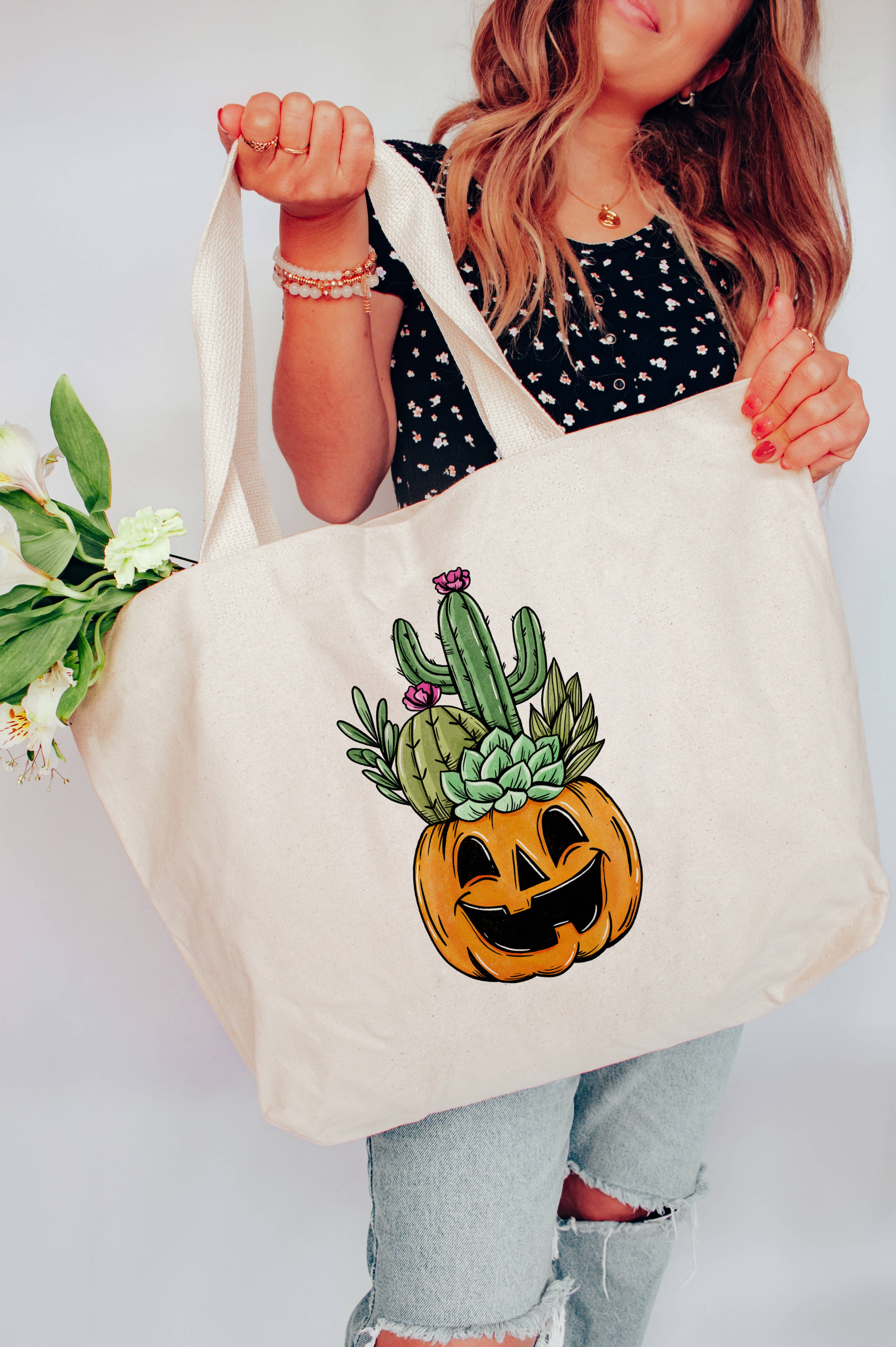Love You a Latte Shop - Wholesale Tote Bag - Women's - Halloween Pumpkin with Cactus Cacti Tote Bag 2 SIZES0