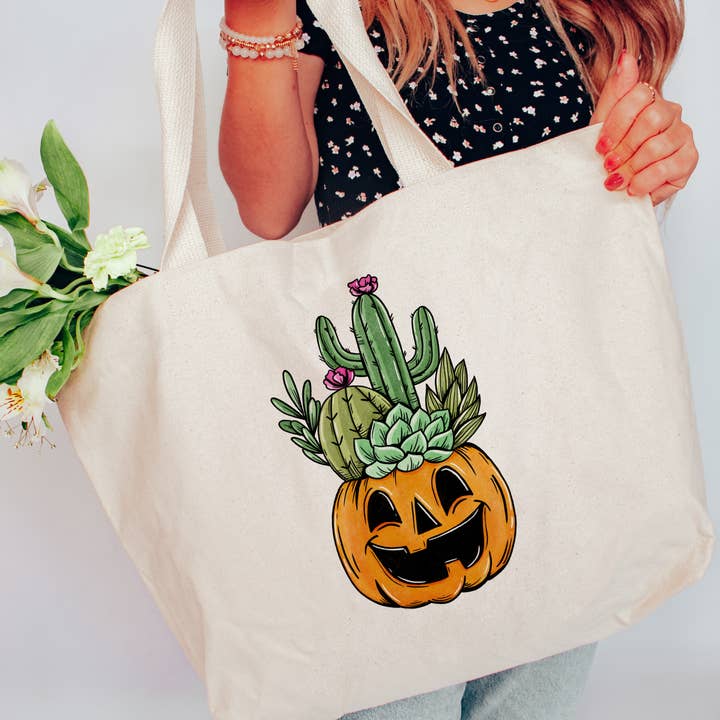 Love You a Latte Shop - Wholesale Tote Bag - Women's - Halloween Pumpkin with Cactus Cacti Tote Bag 2 SIZES
