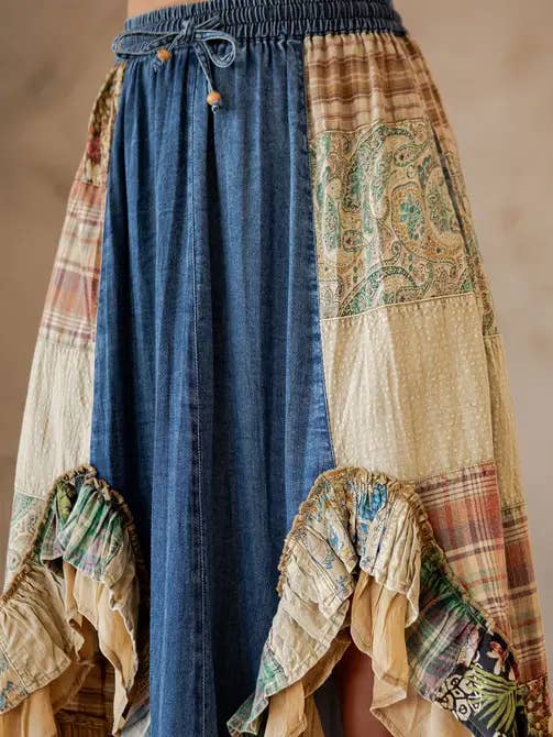 DENIM Western Boho Chic: Patchwork Midi Skirt Boho Babe (XS-S-M) for wholesale on Faire