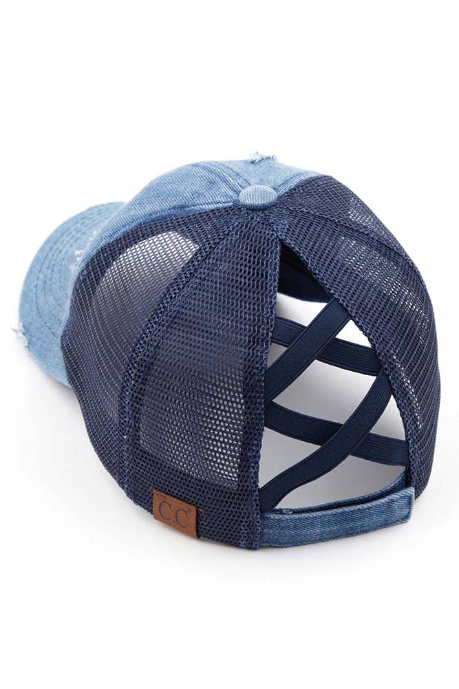 Hana - Wholesale Ponytail Cap - Women's - C.C Washed Denim with Crossed Elastic Band Mesh Pony Cap19