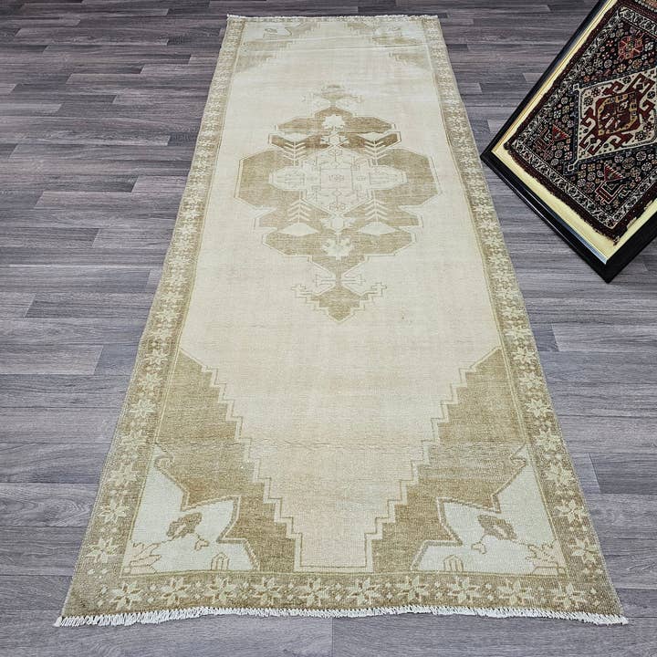 Wide Oushak Runner / 3.50x9.40 feet Hand Knotted Vintage Turkish rug Neutral Color for wholesale by MesopotamiaRugs