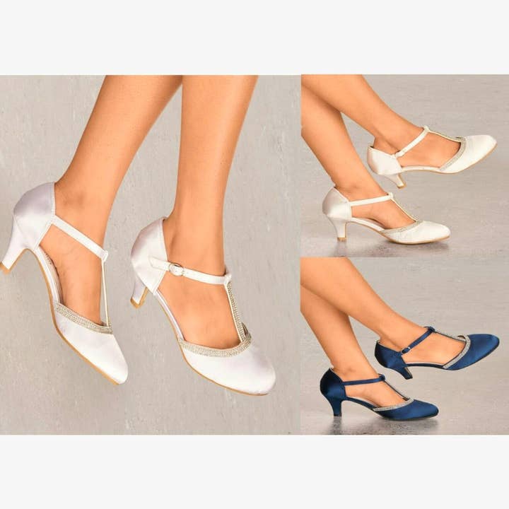 LADIES SATIN DIAMANTE T-STRAP LOW KITTEN HEEL ANKLE STRAP BRIDAL WEDDING SHOES for wholesale by ShoeBox Botique