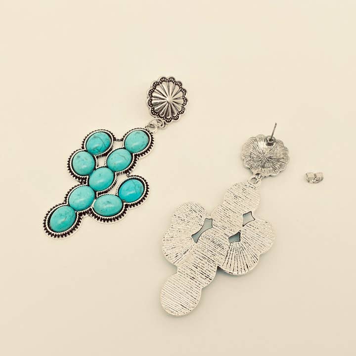 Mio Queena - Wholesale Dangle Earrings - Western Style Turquoise Cactus Pendant Post Earrings - WJ1