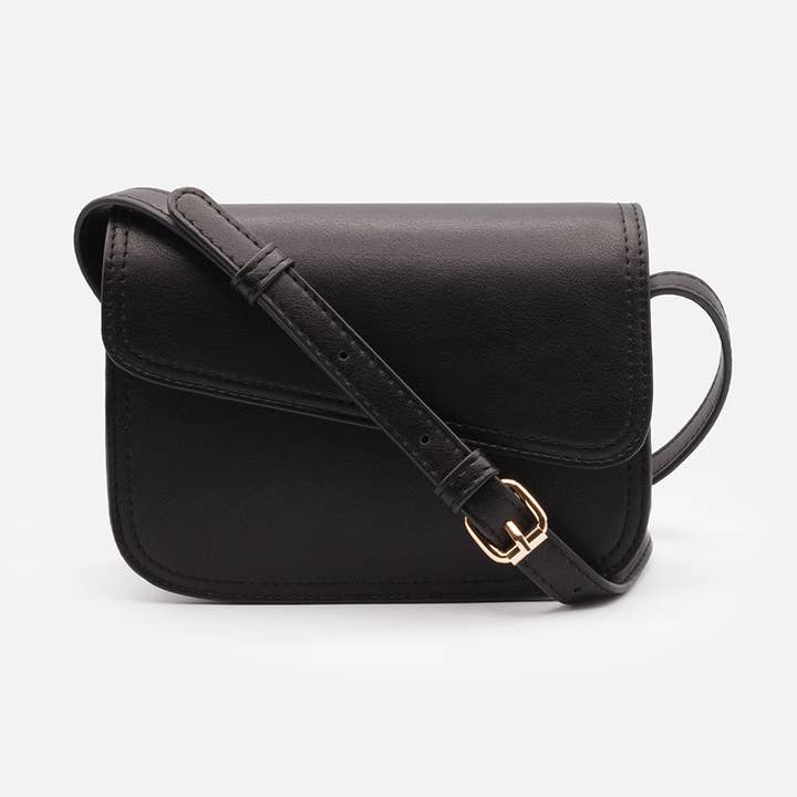 Sac à bandoulière en PU lisse noir avec rabat asymétrique - BG253B037BK for wholesale by Bizou